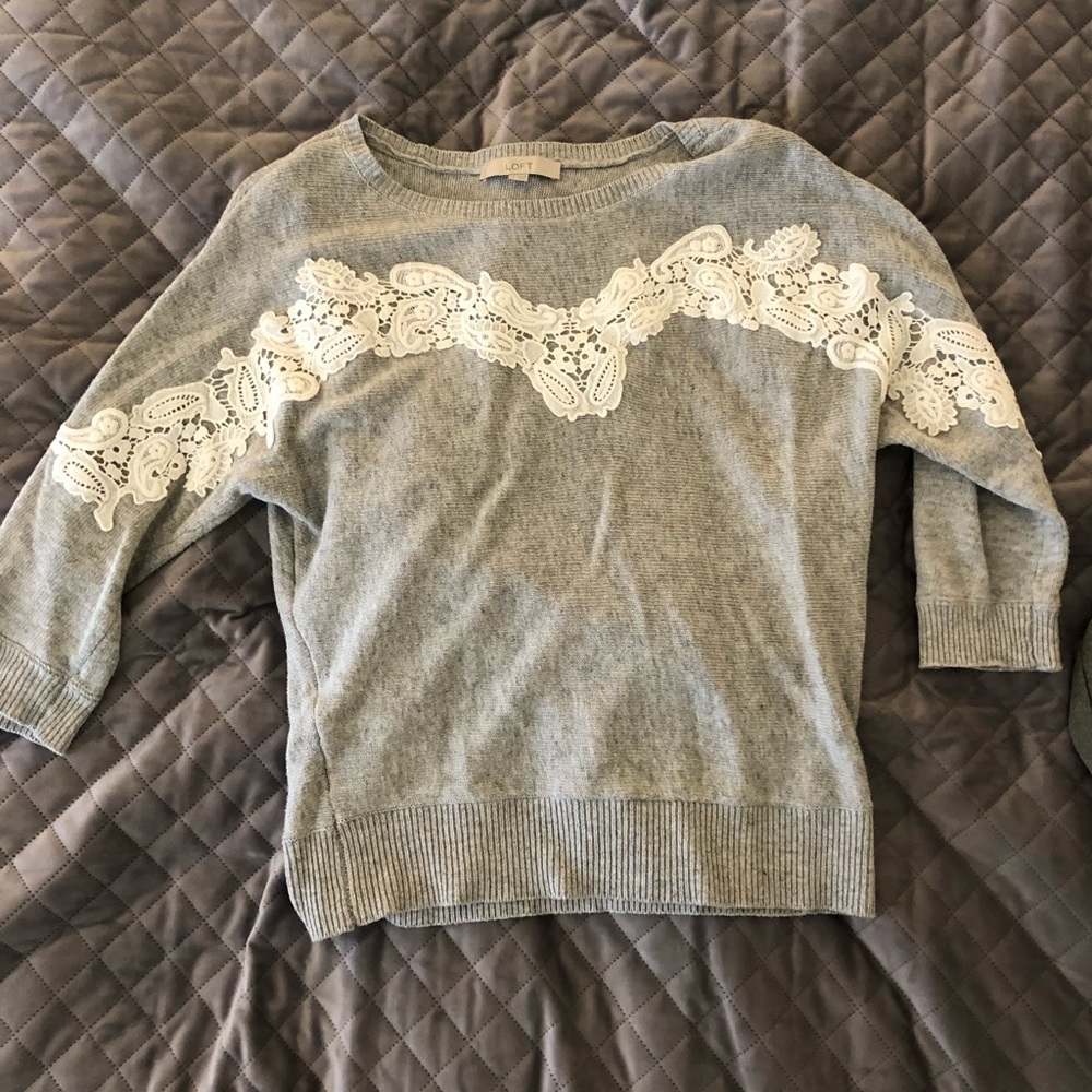 Loft gray and white lace sweater small